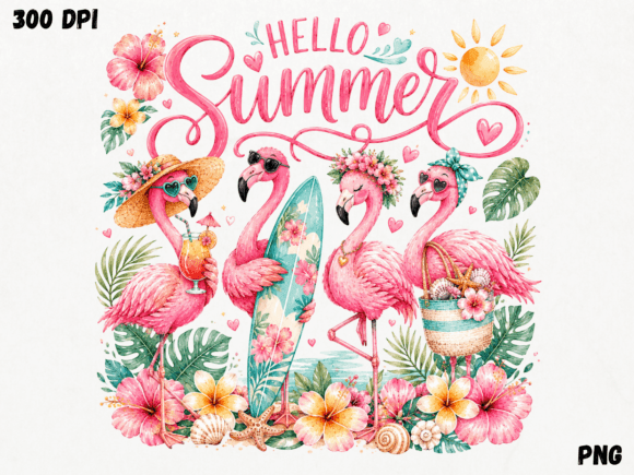 Download Hello Summer Flamingos PNG, Tropical Bea - Premium Resources